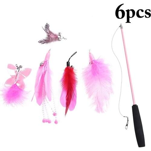 Fake Colorful Feather Cat Wand Extendable Cat Teaser Pet Wand Toy Cat Funny Interactive Toys with 5PCS Replacement