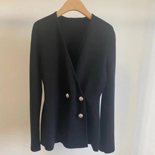 Jils2021 early spring new womens black wool blended double breasted elastic suit knitted cardigan top