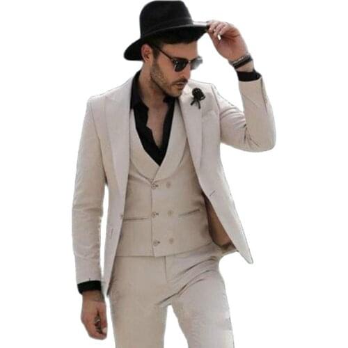 One Button Handsome Mens Prom Party Business Suits Blazers Beige Groom Tuxedos Clothing Sets (Jacket+Pants+Vest+Tie) W:110