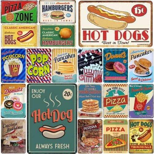 Hot Dogs Best In Town Vintage Metal Tin Sign Enjoy Our Pizza Hamburgers Popcorn Donuts Pancakes Fresh Restaurant Kitchen Decor