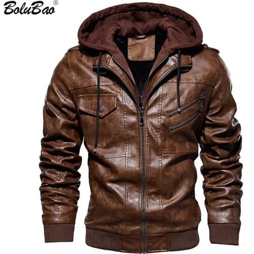 BOLUBAO Mens Winter Leather Jacket Men Thicken PU Warm Zipper Pocket Decoration Slim Fit Male Street Hooded Leather Jackets