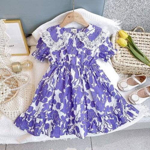 3-7 Years High Quality Summer Girl Dress 2021 New Floral Cotton Solid Draped Ruched Kid Children Clothing Girl Princess Dresses