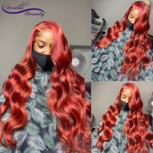 Red Color Body Wave Lace Front Wig Human Hair Wigs 220% Brazilian PrePlucked Wave Remy Hair Wigs For Women Dream Beauty