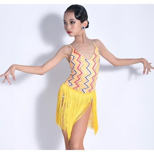 Fringe Dress Girls Latin Practice Wear Stage Costume Yellow Samba Dancewear Summer Designer Clothes Tango Dance Outfit JL3197