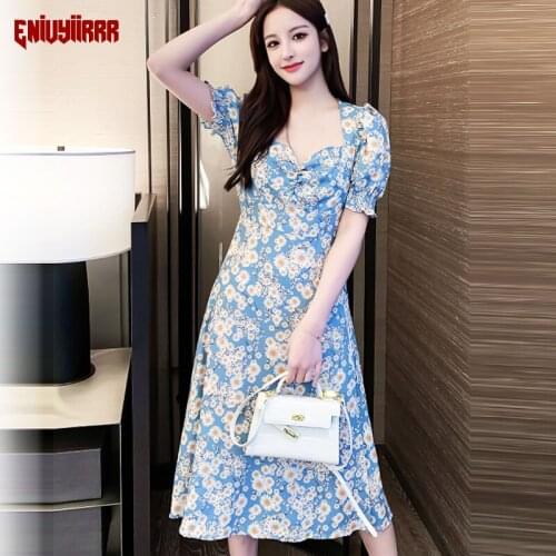 France Green Daisy Print vestido Vintage Split dress Fashion Short Sleeve women midi dress
