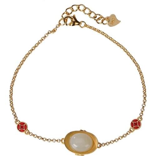 S925 sterling silver gold-plated cloisonne Hetian jade bracelet retro national trend coin ingot womens bracelet