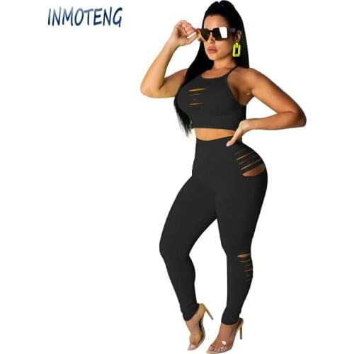 INMOTENG Sexy Hole Two Piece Set S-XXL Women Gradient Summer Spaghetti Strap Top Bodycon Pant Sweat Suit Beach 2 Piece Set