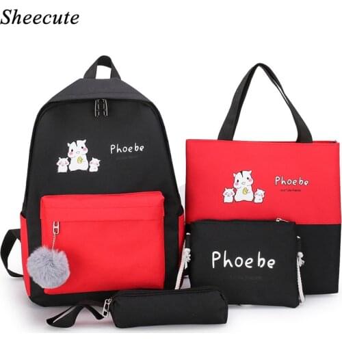 4pcs/set School Bags Girls Backpack Cute Printing Children School Bags Canvas Backpack Kids Bookbag Satchel Female Bags