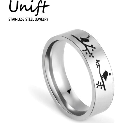 Unift Pastoral Bird and Tree Metal Stainless Steel Chunky Rings Rotable Jewelry Wedding Anniversary Party High Quality Gift