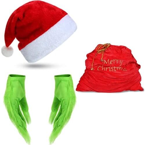 Reneecho Green Grinch Cosplay Green Furry Gloves Santa Sack Christmas Santa Claus Xmas Cap