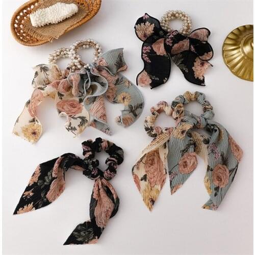 Korean New Summer Print Flower Bow Tassel Pearl Elastic Hair Bands For Women Simulated Pearl Scrunchies Ponytail Hair Ties
