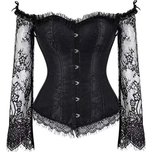 Women Corset Bustier Top Overbust Sexy Nightclub Clothing Steampunk Gothic Lace Long Sleeves Corsets Costume Sexy Lingerie