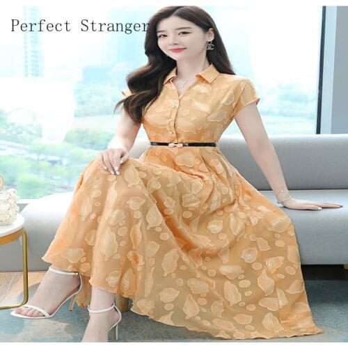 High Quality 2021 Summer Dress For Women Turn-down Collar Jacquard Weave Short Sleeve Women Chiffon Long Dress With Belt