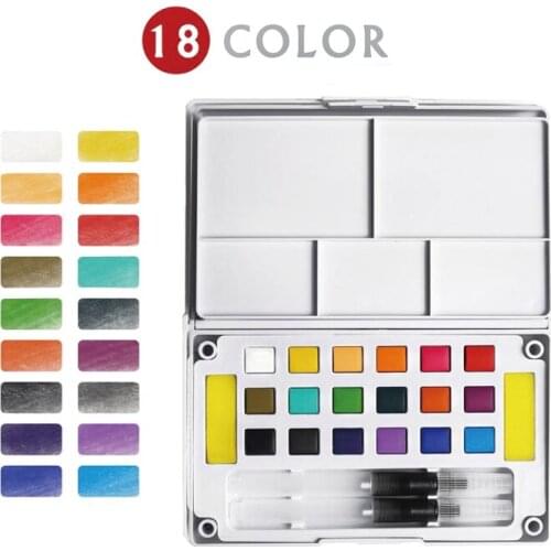 18 colors easy to carry neon Cake Half Pan Artist Watercolor Paint Set two brushes in plastic palette