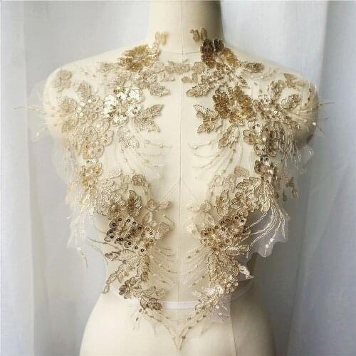2PCS Gold Sequin Flower Tassel Wedding Gown Appliques Lace Fabric Embroidered Trims Collar Mesh Sew Patch For Dress DIY Decorat