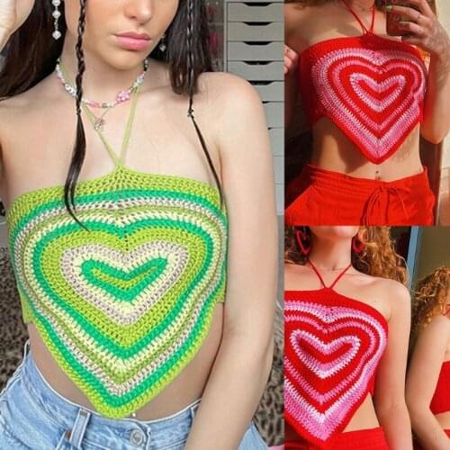 Women Sexy Halter Neck Crop Top Sweet Love Heart Crochet Knitted Camisole Off Shoulder Criss Cross Lace-Up Back Bralette