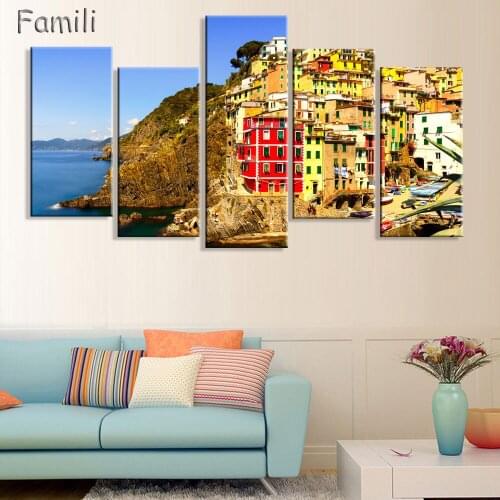 HD 5PCS Wall Art Canvas Fabric Poster Italy Town Landscape Panorama For Room Decor Home Decoration,modular wall painting