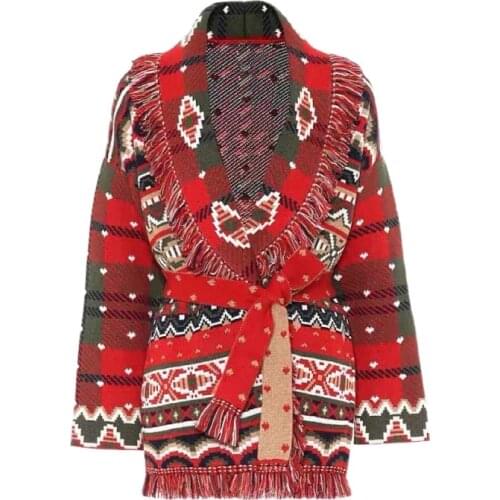 2020FW Autumn Luxury Women Red Tassel Knitted Coat Cardigans Female Casual Sweater With Belts