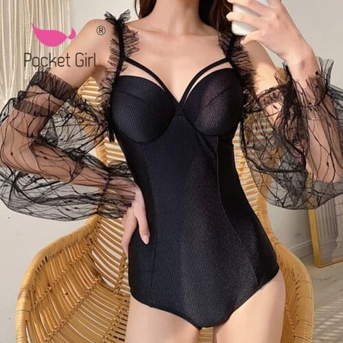 Pocket Girl 2021 New Korea Style One Piece Swimsuit Women Long Sleeve Mesh Swimwear Push Up Monokini Skirted Swim Suit Trikini