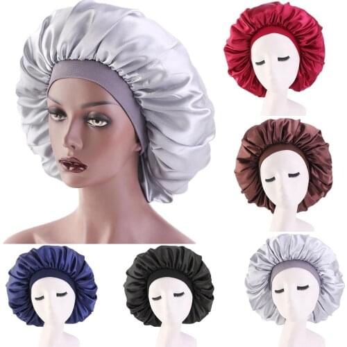 Satin Women Sleep Night Chemo Cap Hair Care Hat Turban Bonnet Headscarf Beanie Wide Elastic Band Headwear Wrap Cover Solid Color