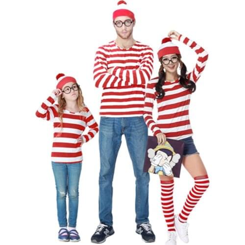 Parent-child Where Is Wally Costume Waldo Book Week Fancy Dress Outfit Stripe Shirt Hat Glasses Kit
