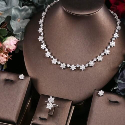 Clear Zirconia Small Flower 18KWG AAA Cubic Zircon Wedding Jewelry Set ,Earrings Necklace,Promotion,Nickel Free, Factory price