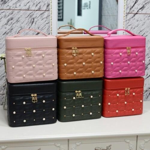 Large Capacity Cosmetic Bag,Pu Professional Makeup Organizer,Portable Brush Storage Case Pearl Decoration,2 Layer with Mirror