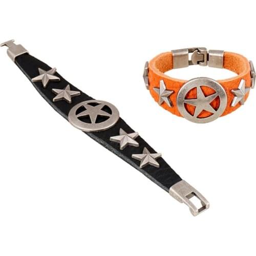 Punk Fashion Star Leather Cuff Bracelet Vintage Alloy Beads Charm Rock Bangle Wrap Biker Unisex Wristbands Hiphop Gothic Jewelry