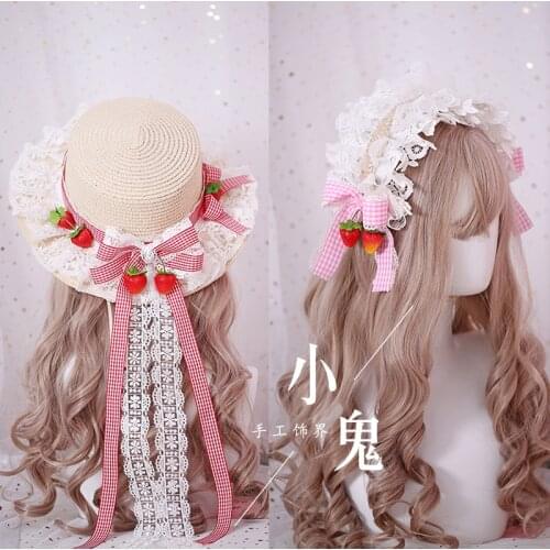 Sweet is the rural grid strawberry soft lace lolita lolita hair hoop Japanese sister KC straw hat head band edge