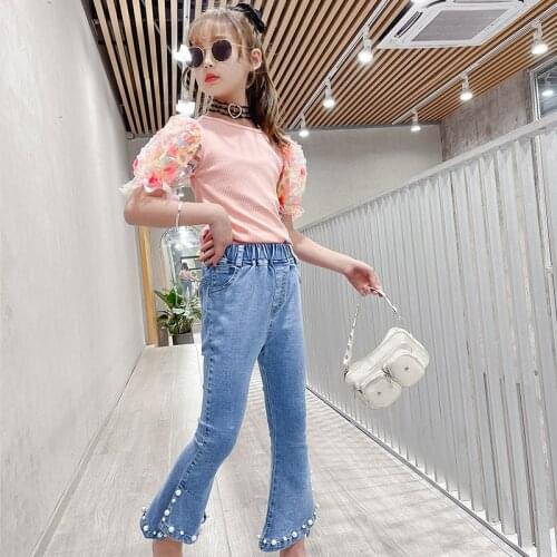 Girl Clothes Summer Clothes For Girls Lantern Sleeve Short T+ Flared Jeans Children Suit Kids Clothes Clothing Sets For 4-12 Age