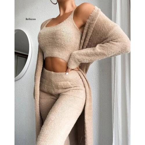Autumn Women Fashion Solid Fluffy Plain Crop Top & Skinny Pants & Longline Coat Set Warm Cozy Suit Sets