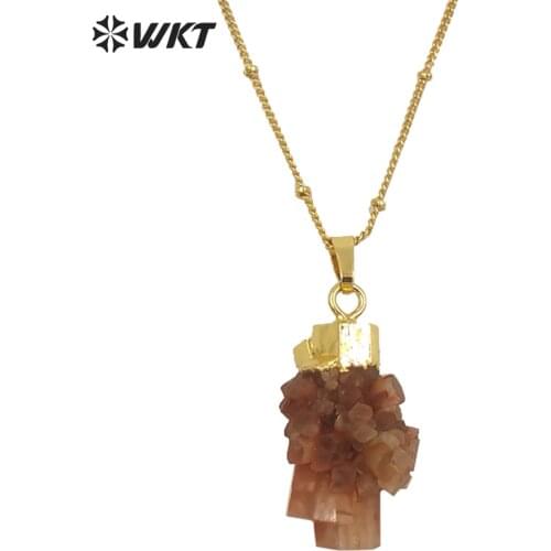 WT-N911 wholesale custom natural Brown Aragonite Stone With 24K Gold trim Necklace. Lovely Natural stone pendant nacklace