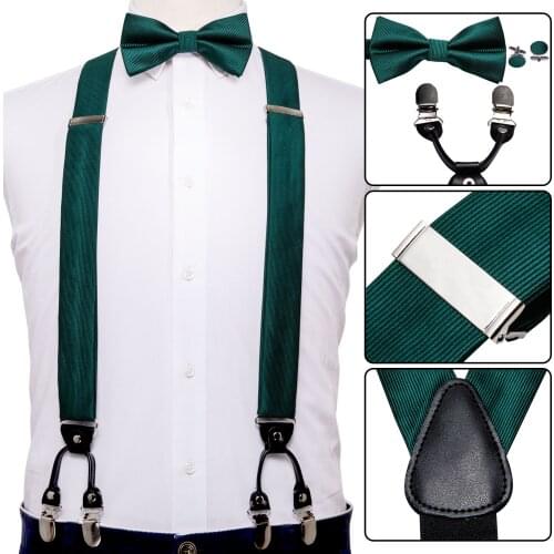 Silk Adult Men Suspenders Leather Metal 6 Clips Braces Solid Green Bowtie Cufflinks Handkerchief Set Wedding Gift Barry.Wang