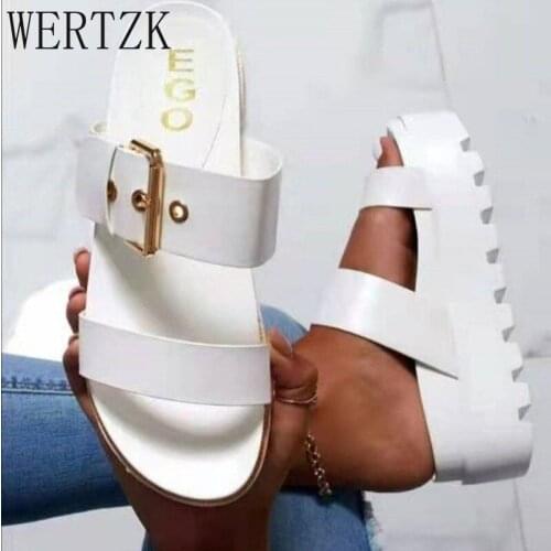 Size 36-43 2021 Summer Fashion Buckle Flat Leather Slippers Woman Brand Designer Socofy Slip On Loafers Mules Flip Flops Casual