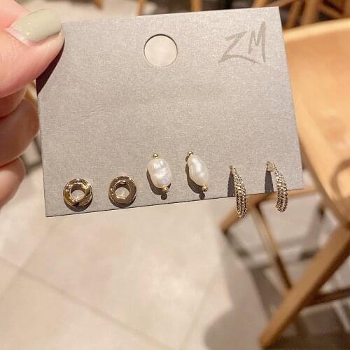 Mixed Style Unusual Woman Earrings Gold Color Plated Pearl Metal Geometric Stud Earrings Set Jewelry