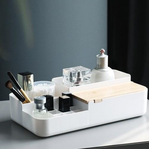 Japanese Plastic Makeup Storage Box with Wood Lid Jewelry Cosmetic Storage Boxes Lipstick Holder Home Organizer For Necklace