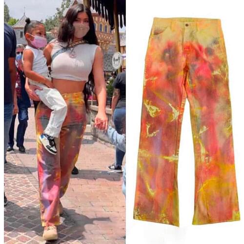 European and American womens clothing 2021 autumn new tie dye printing buckle zipper pocket straight casual pants for women