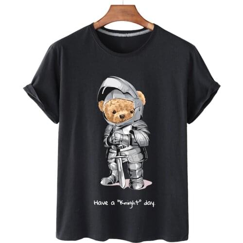 100% Cotton Fencing Bear Print Ladies Shirt Casual Short-sleeved Top Women Loose Round Neck T-shirt Oversized T-shirt S-3xl