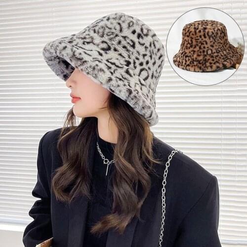 Winter Leopard Print Faux Fur Plush Bucket Hats For Women Outdoor Warm Sun Hat Soft Velvet Fisherman Cap Lady Fashion Panama Cap