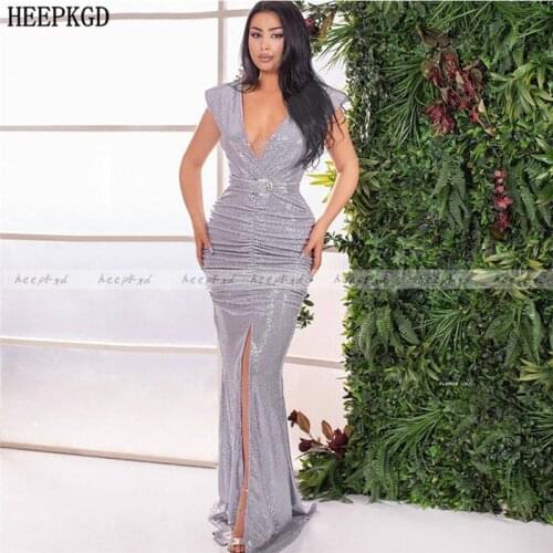 New Arrival Sliver Mermaid Long Arabic Evening Formal Dress With Slit Shiny V Neck Cap Sleeves Plus Size Prom Gowns Robe Soiree