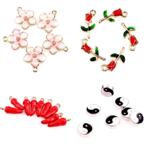 40Pcs/Lot Cute Enamel Chili Red Pepper Charms Rose Flower Gossip Taiji Pendant Women Necaklaces Bracelet Jewelry Making