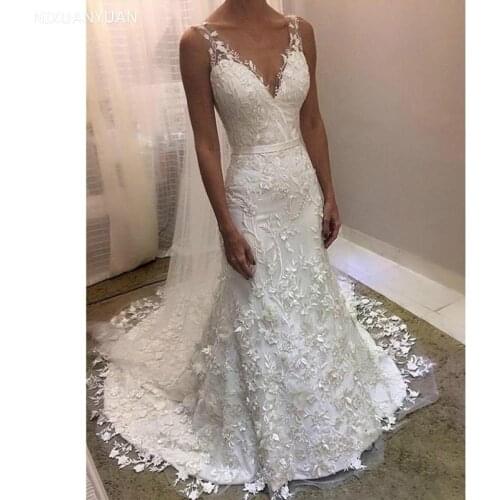 White Lace Mermaid Wedding Dresses V-neck Backless Flower Bead Vestido De Noiva Sweep Train Bridal Dress Wedding Gowns