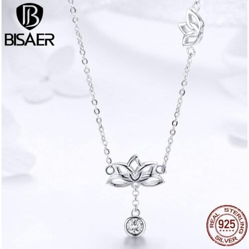 BISAER Hot Sale 925 Sterling Silver Lotus Flower Women Pendant Necklaces Dazzling CZ Necklace Wedding Engagement Jewelry EFN012
