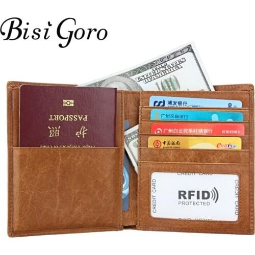 Bisi Goro 2019 RFID Mens and Womens Cow Leather Retro Passport Folder Multi-functional Passport Package Card Holder Wholesale