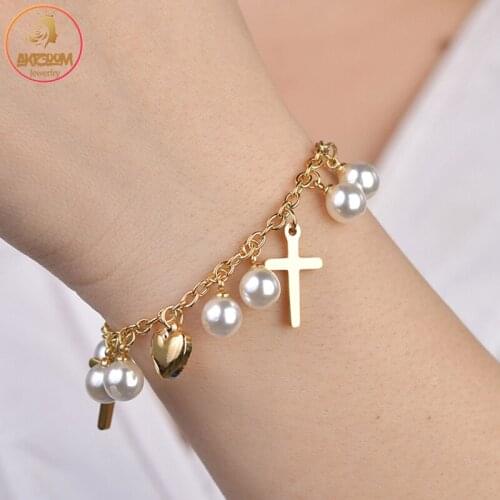 Akizoom Punk Cross Bangles Stainless Steel Pearl Hand Chain Freeshipping Heart Bracelets for Women Charm Party Jewelry Gift