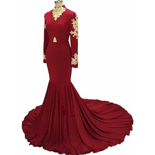 Burgundy Muslim Evening Dresses Mermaid Long Sleeves Appliques Formal Islamic Dubai Kaftan Saudi Arabic Long Evening Gown
