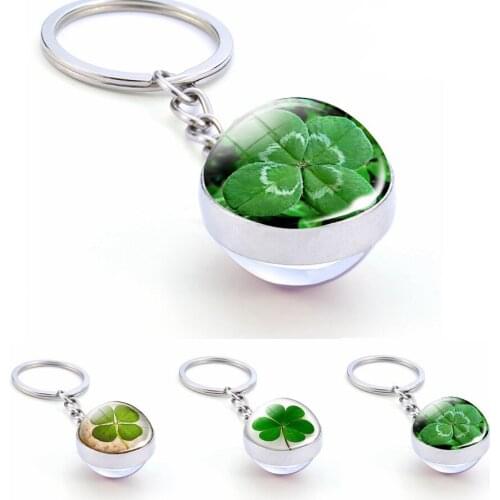 Crystal Lucky Four-leaf Clover Glass Ball Double-sided Keychain Metal Key Ring Lucky Jewelry Gifts for Men Dropshipping