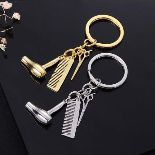 2021 Woman Hot Sale Hairdresser Keyring Fashion Washing Cutting Blowing ToolsAlloy Keychain Creative Cool Keyholder Accessories