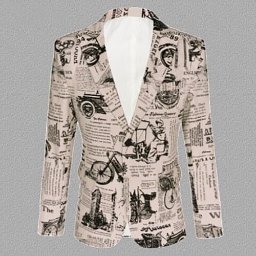 Men New Retro Vintage Newspaper Print Casual Blazer Hombre Men DJ Singer Night Club Slim Fit Suit Jacket Prom Party Costume