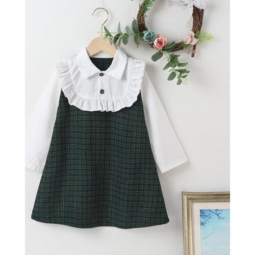 Winter 2021 New Arrivals Girls Dress Long Sleeve Turn-down Collar Ruffles Backish Green Plaid Streetwear Dresses Vestidos 18M-6T